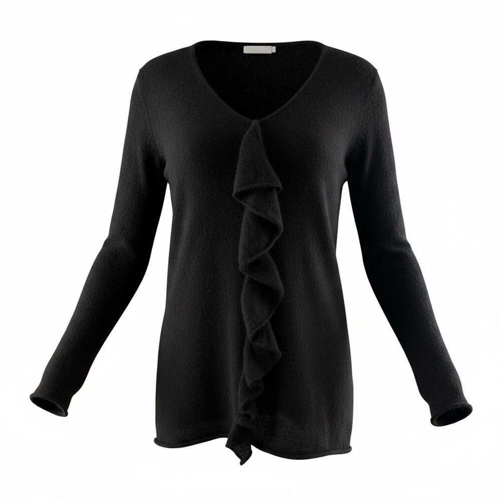 Saks Fifth Avenue Cashmere Sweater Women XL Black 100% Cashmere Ruffle Fall Chic